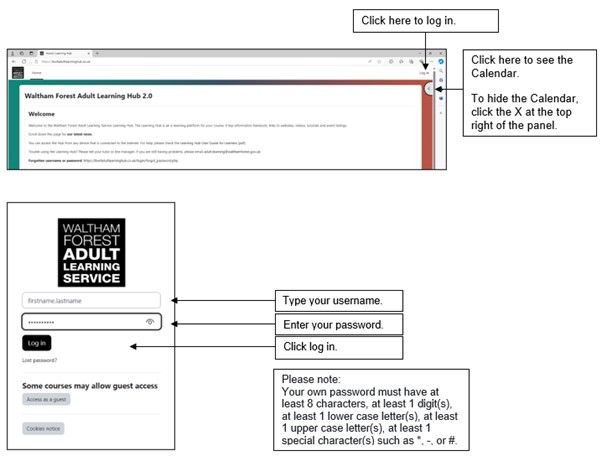 Two images: 1. arrow pointing to home screen log in - 2. arrows pointing to username and password text boxes & log in button.