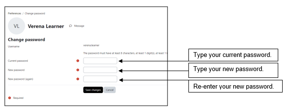 Image of Change password dialogue box - arrows pointing to Current password, New password and New password (again) text boxes